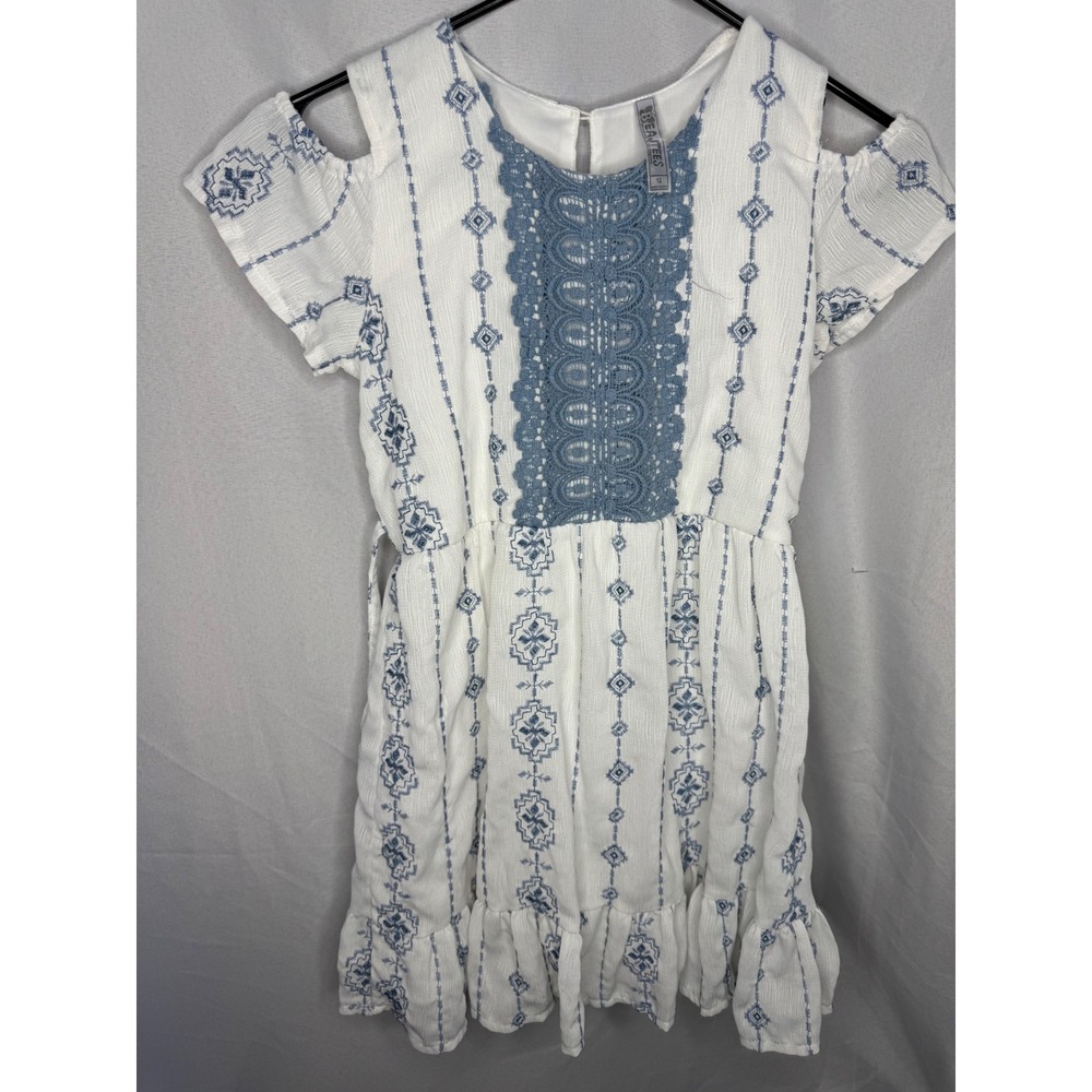 Beautees Girls White Blue Embroidered Cold Shoulder Crochet Lace Dress Size 12